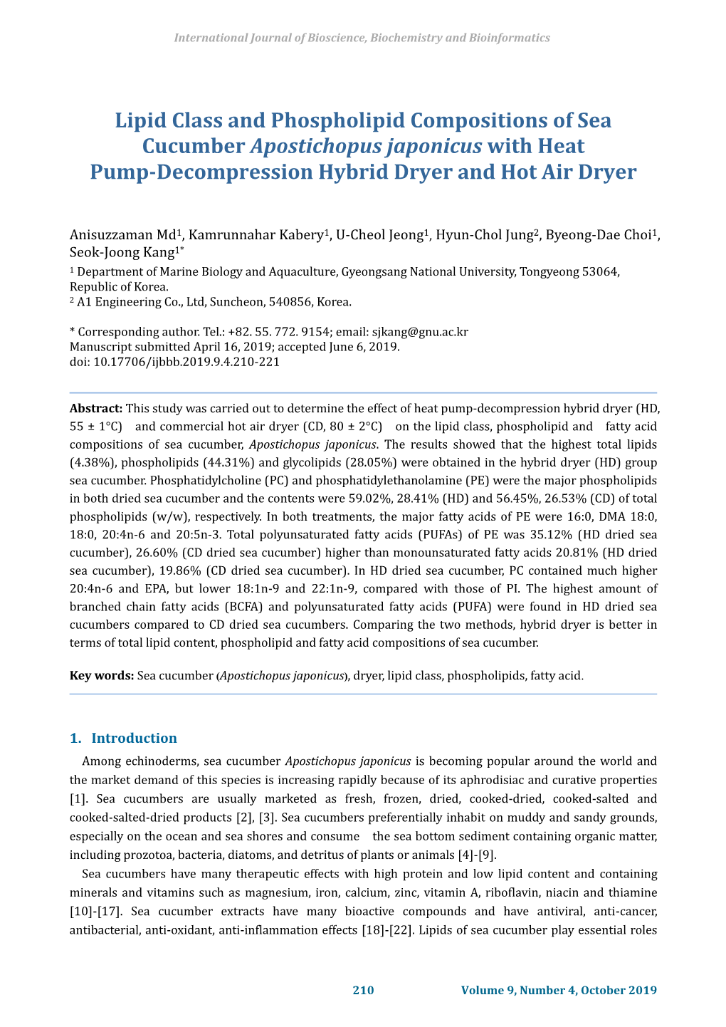 Lipid Class and Phospholipid Compositions of Sea Cucumber Apostichopus Japonicus with Heat Pump-Decompression Hybrid Dryer and Hot Air Dryer