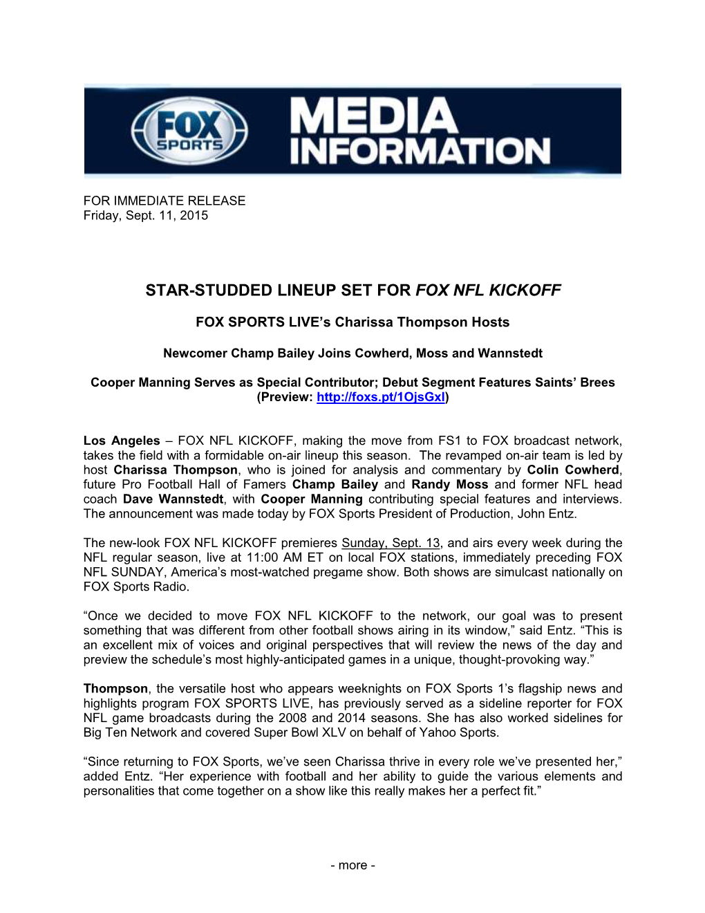 Star-Studded Lineup Set for Fox Nfl Kickoff