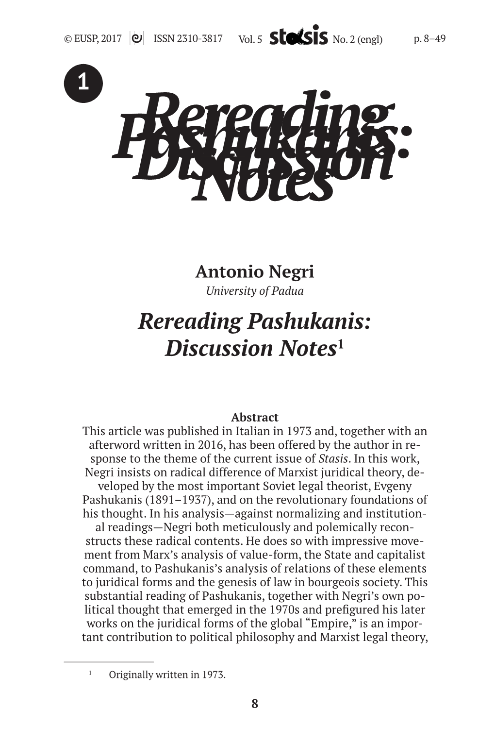 Rereading Pashukanis: Discussion Notes1