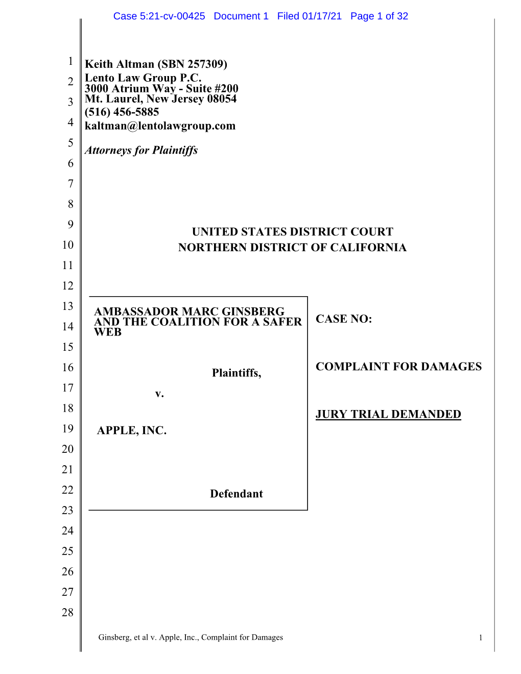 Lawsuit Seeking Damages and Injunctive Relief Against 6 Defendant Apple, Inc