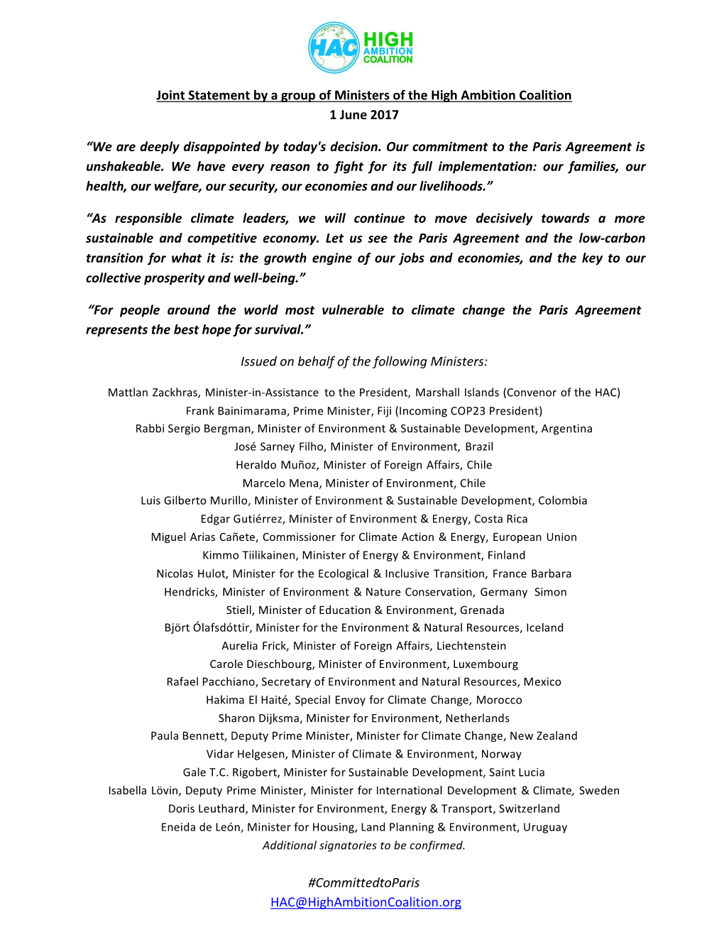 Joint Statement by a Group of Ministers of the High Ambition Coalition 1 June 2017