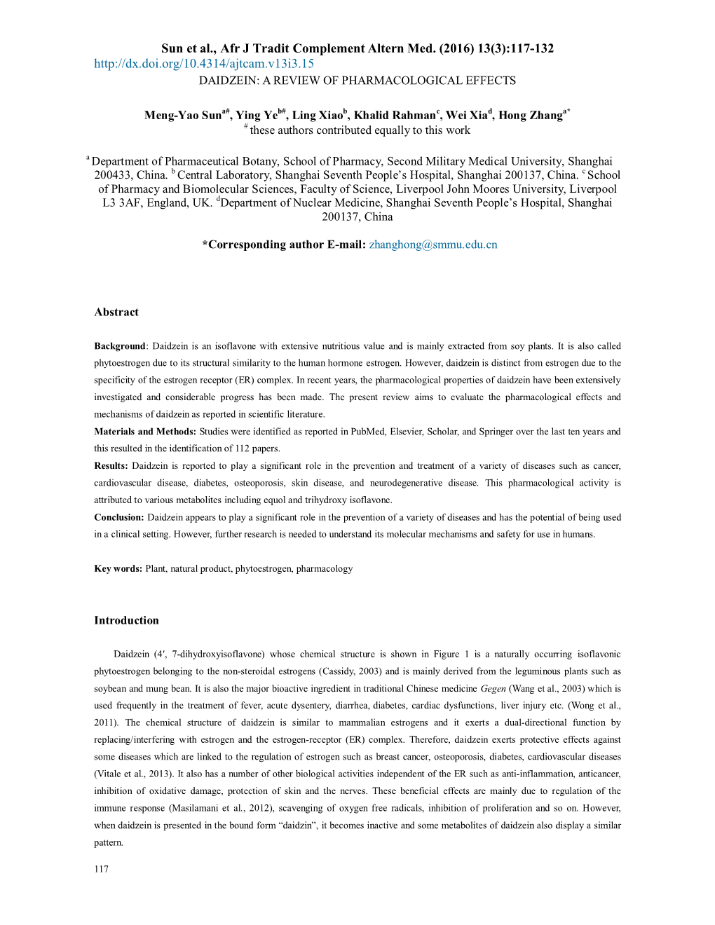 Sun Et Al., Afr J Tradit Complement Altern Med. (2016) 13(3):117-132 DAIDZEIN: a REVIEW of PHARMACOLOGICAL EFFECTS