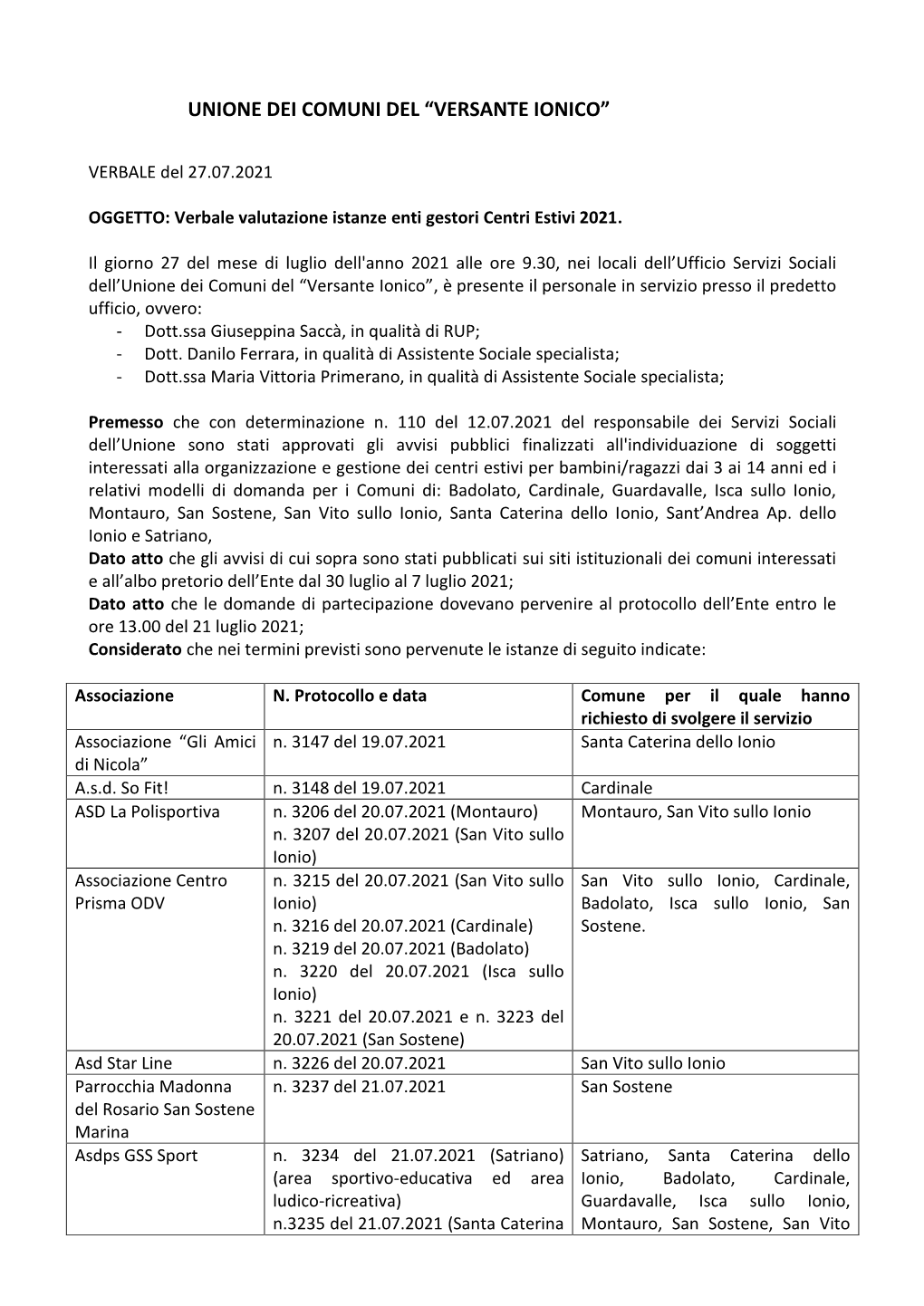 Unione Dei Comuni Del “Versante Ionico”