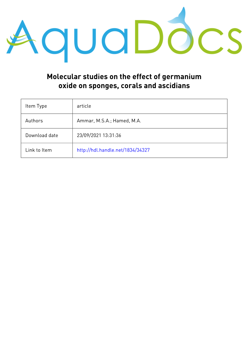 Molecular Studies on the Effect of Germanium Oxide on Sponges, Corals and Ascidians