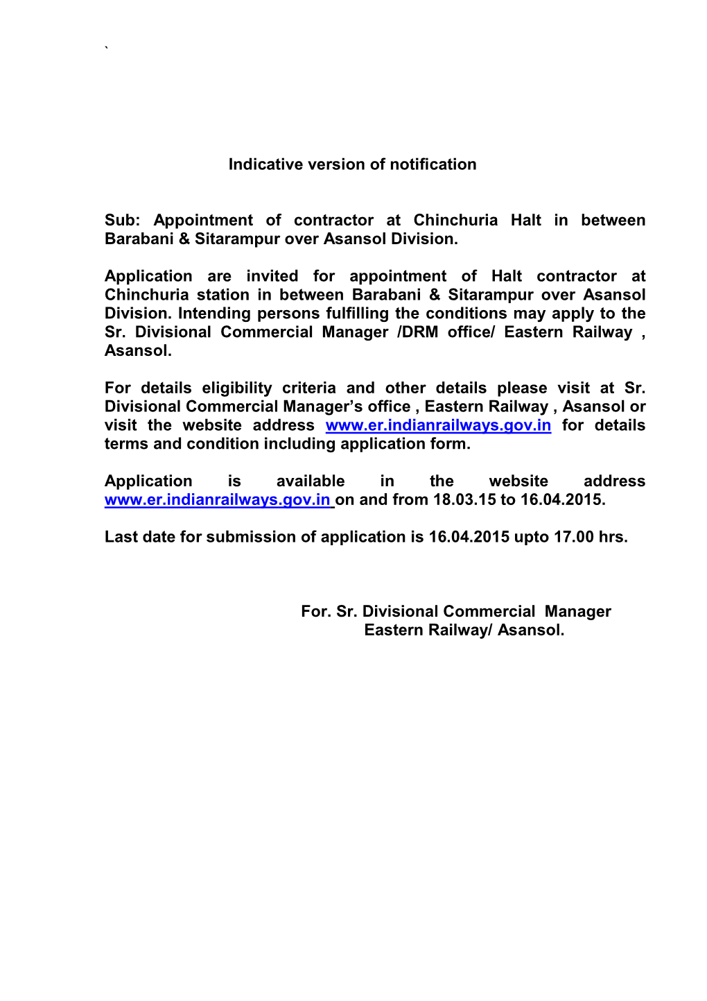 Indicative Version of Notification Sub: Appointment of Contractor at Chinchuria Halt in Between Barabani & Sitarampur Over A