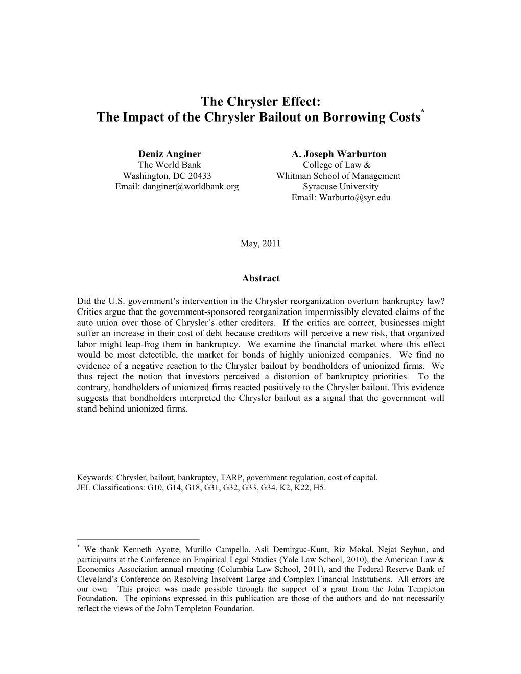 The Impact of the Chrysler Bailout on Borrowing Costs*