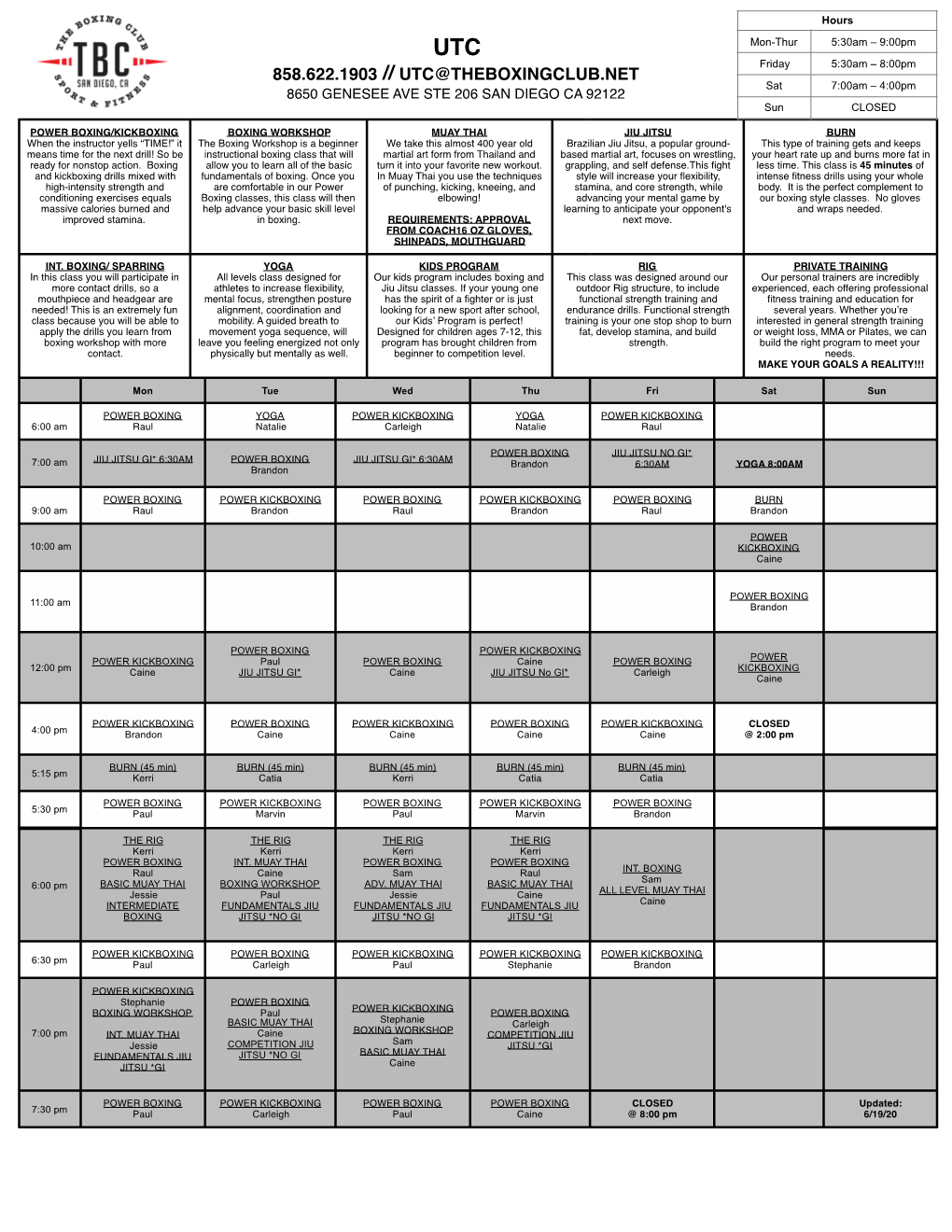 TBC UTC CLASS SCHEDULE July 4