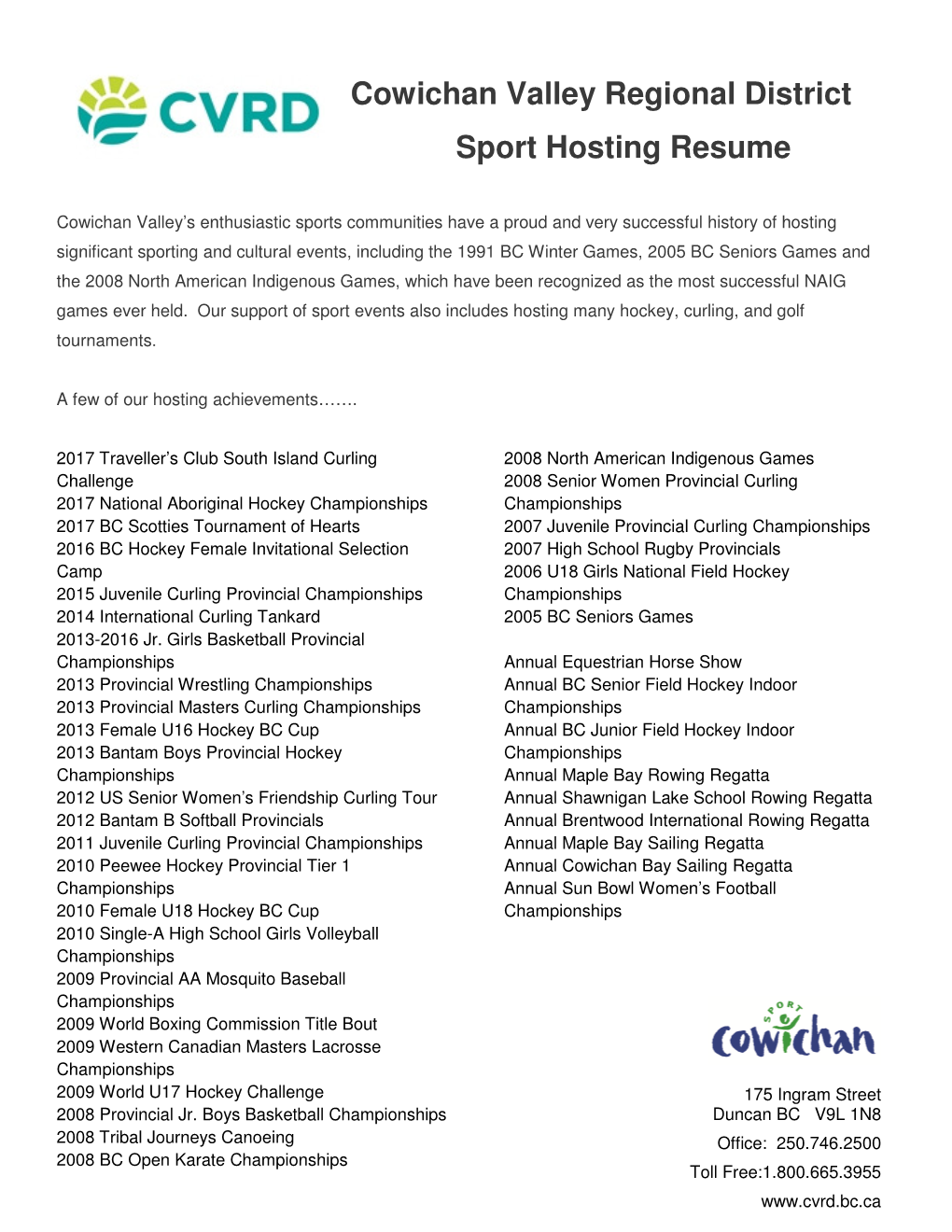 Cowichan Valley Regional District Sport Hosting Resume
