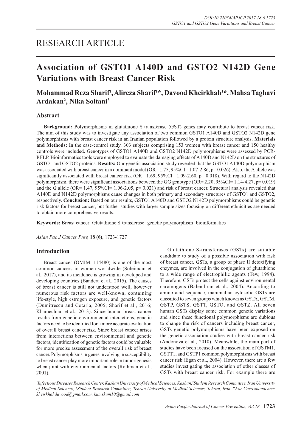 RESEARCH ARTICLE Association of GSTO1 A140D and GSTO2 N142D Gene Variations with Breast Cancer Risk