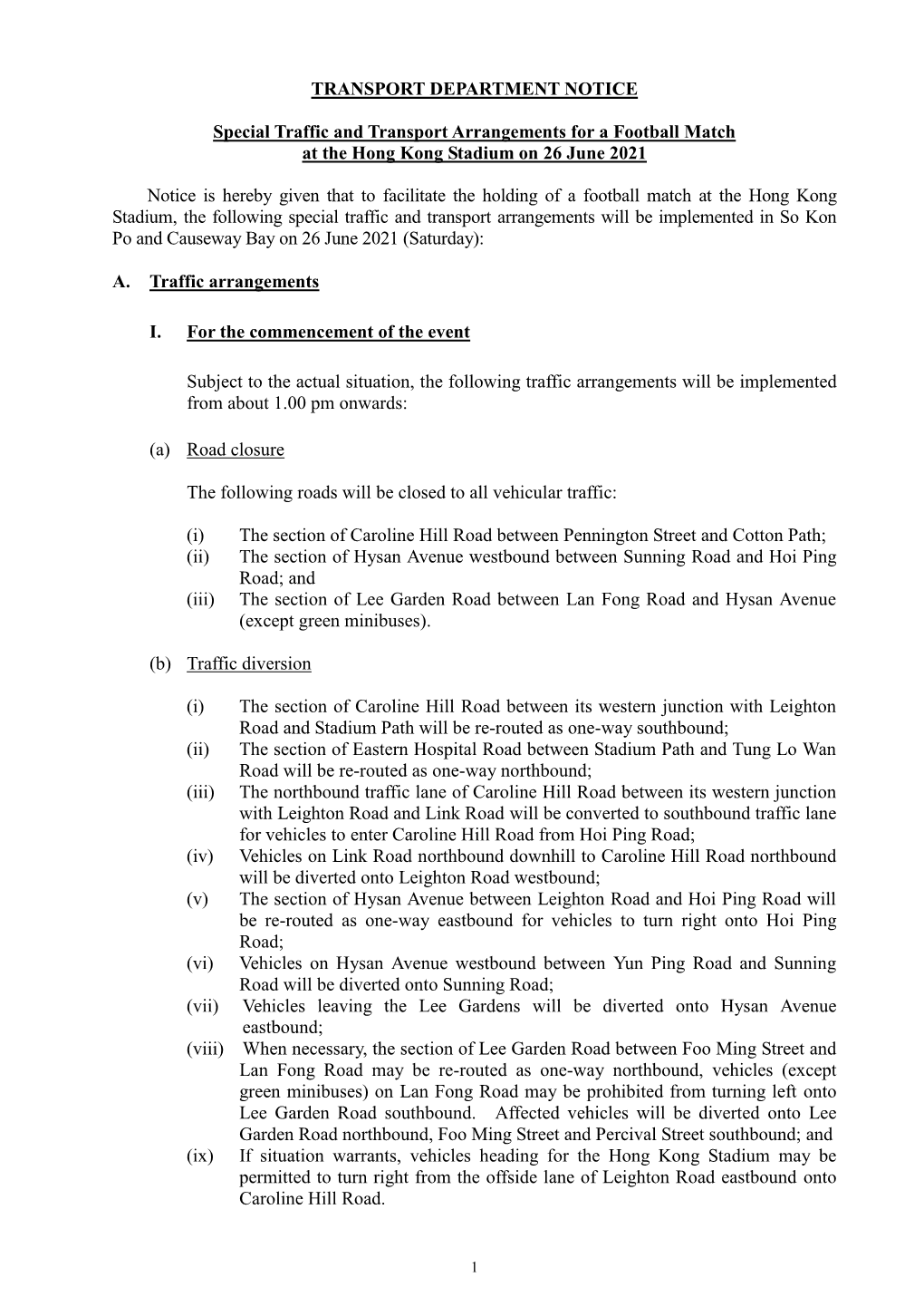 Special Traffic and Transport Arrangements for a Football Match at the Hong Kong Stadium on 26 June 2021