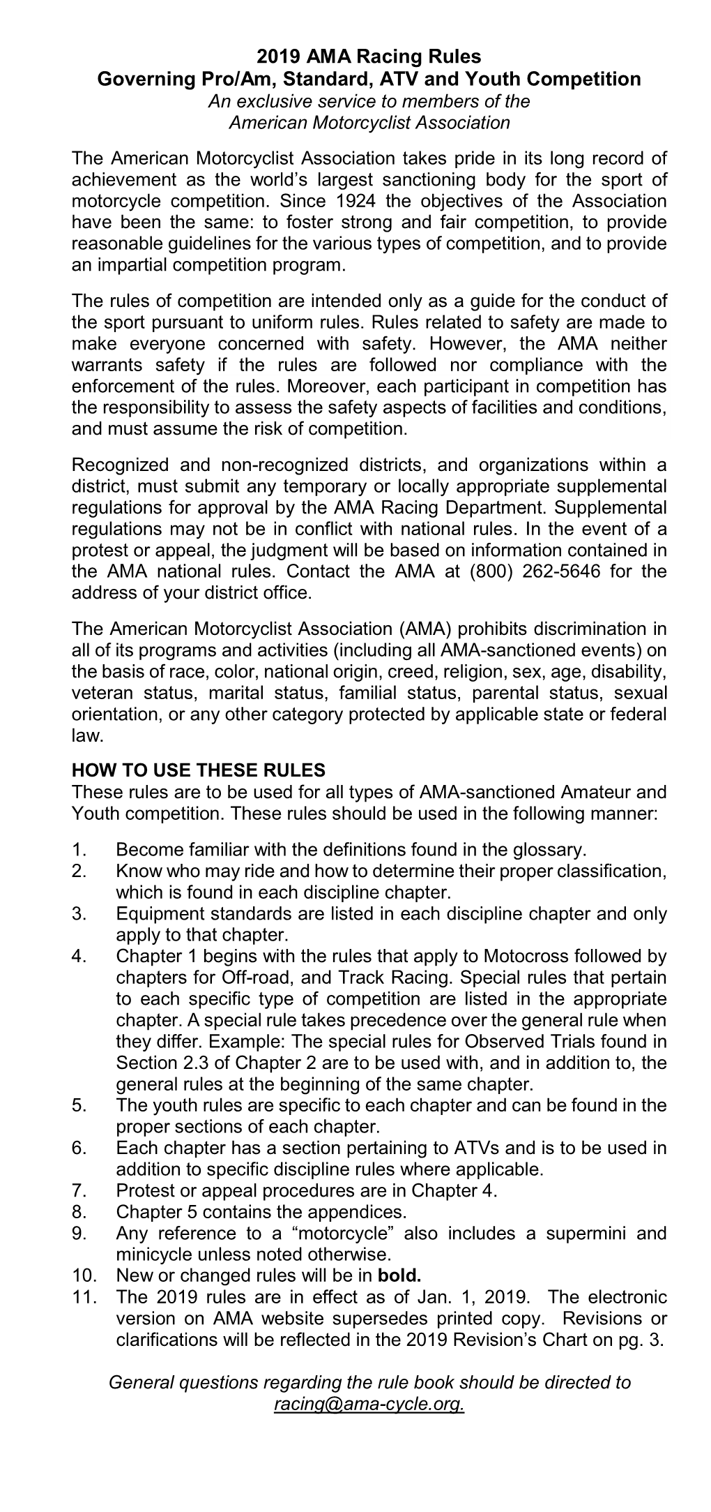 2019 AMA Racing Rules Governing Pro/Am, Standard, ATV and Youth Competition an Exclusive Service to Members of the American Motorcyclist Association