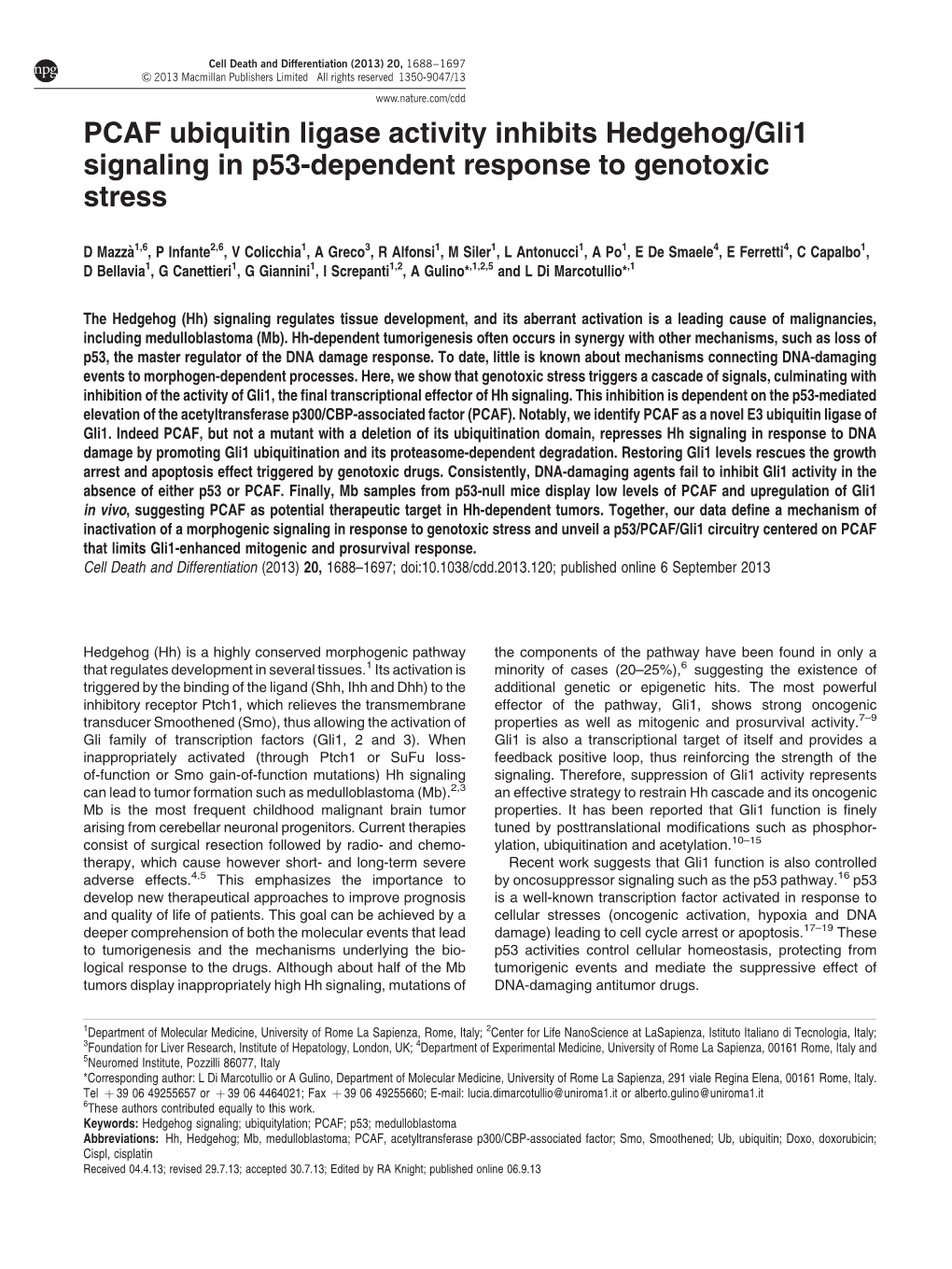 Gli1 Signaling in P53-Dependent Response to Genotoxic Stress