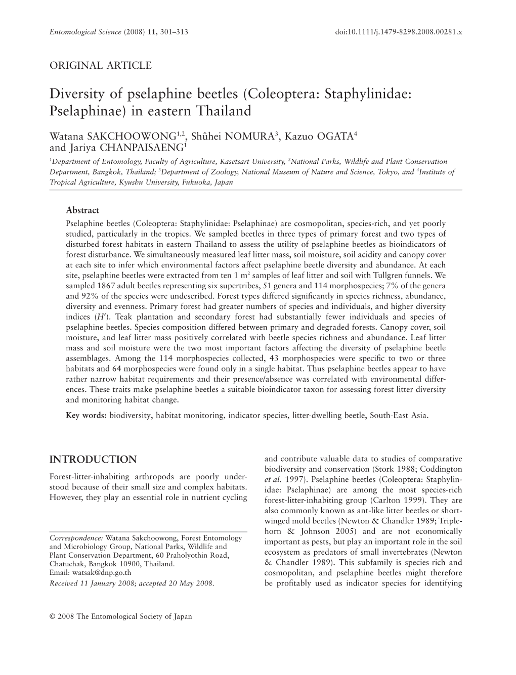 Diversity of Pselaphine Beetles (Coleoptera: Staphylinidae: Pselaphinae) in Eastern Thailand