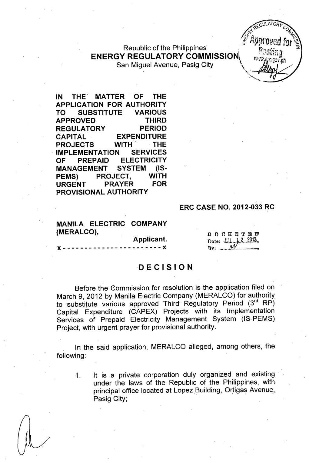 Ppfctd for Republic of the Philippines � ENERGY REGULATORY Commissiont San Miguel Avenue, Pasig City �\
