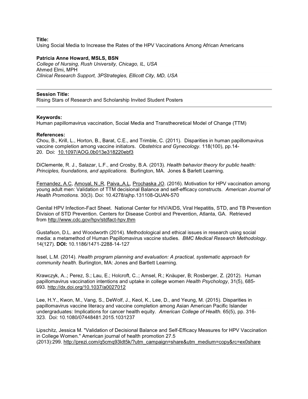 Title: Using Social Media to Increase the Rates of the HPV Vaccinations Among African Americans