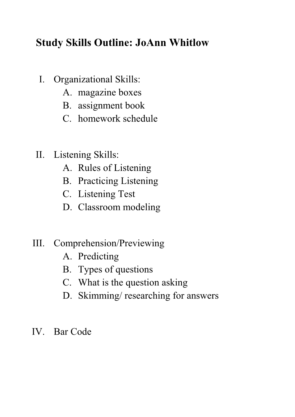 Study Skills Outline: Joann Whitlow