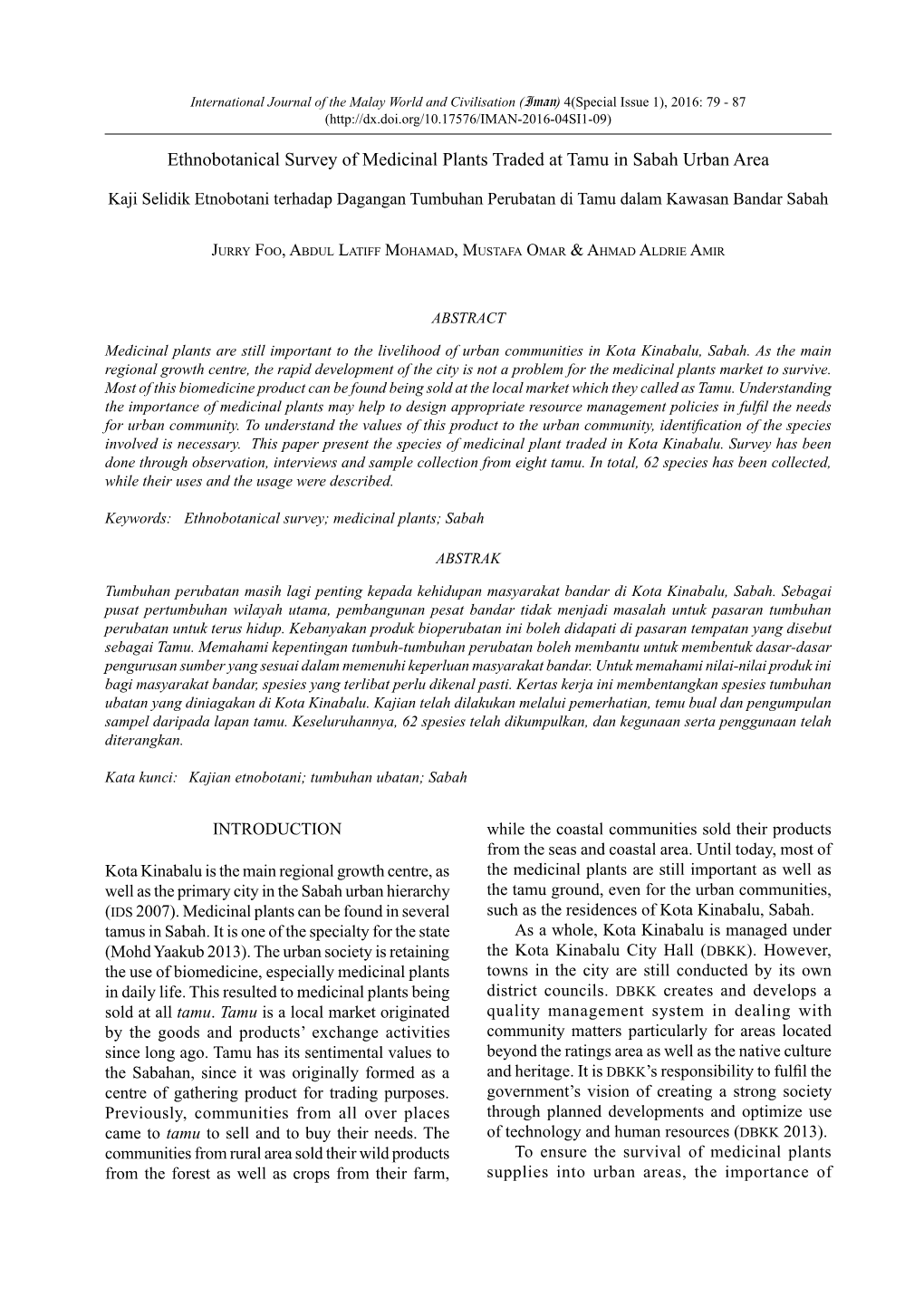 Ethnobotanical Survey of Medicinal Plants Traded at Tamu in Sabah Urban Area