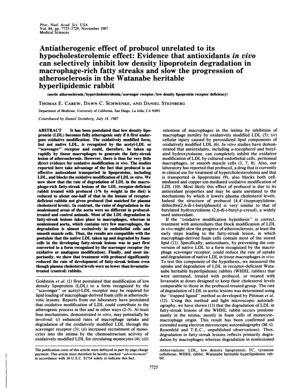 Antiatherogenic Effect of Probucol Unrelated to Its Can Selectively Inhibit Low Density Lipoprotein Degradation in Atheroscleros