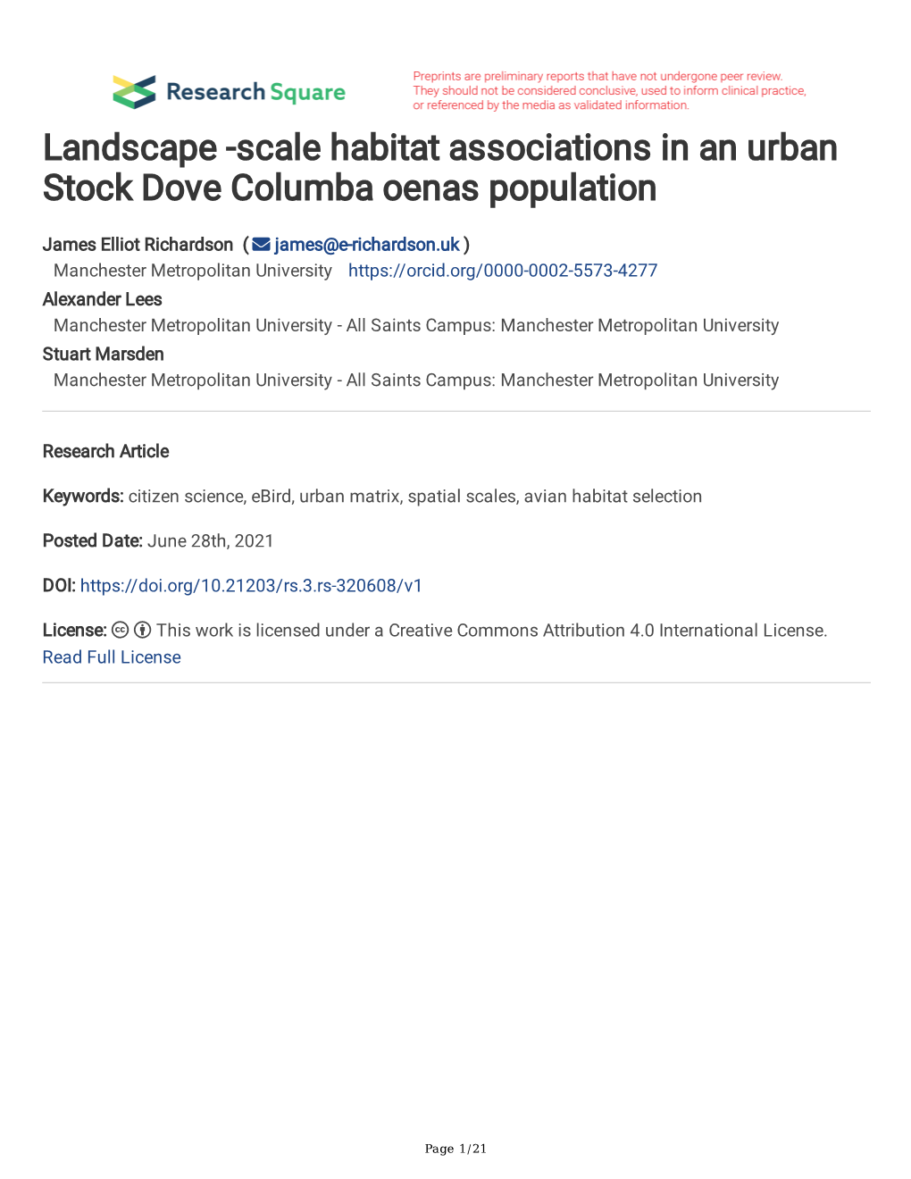 Scale Habitat Associations in an Urban Stock Dove Columba Oenas Population