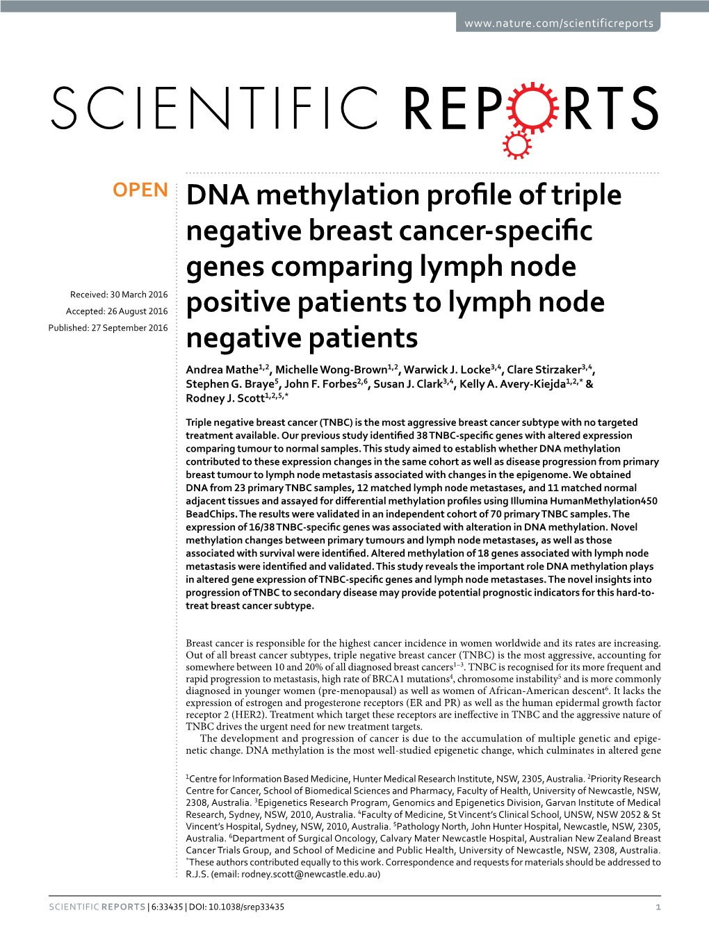 DNA Methylation Profile of Triple Negative Breast Cancer-Specific Genes Comparing Lymph Node Positive Patients to Lymph Node Negative Patients