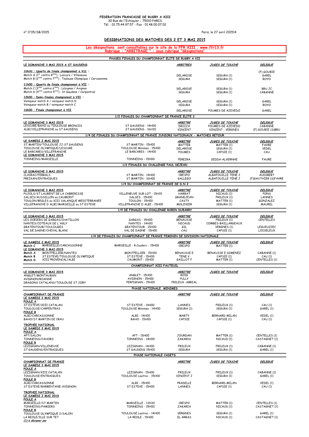 DESIGNATIONS DES MATCHES DES 2 ET 3 MAI 2015 Les