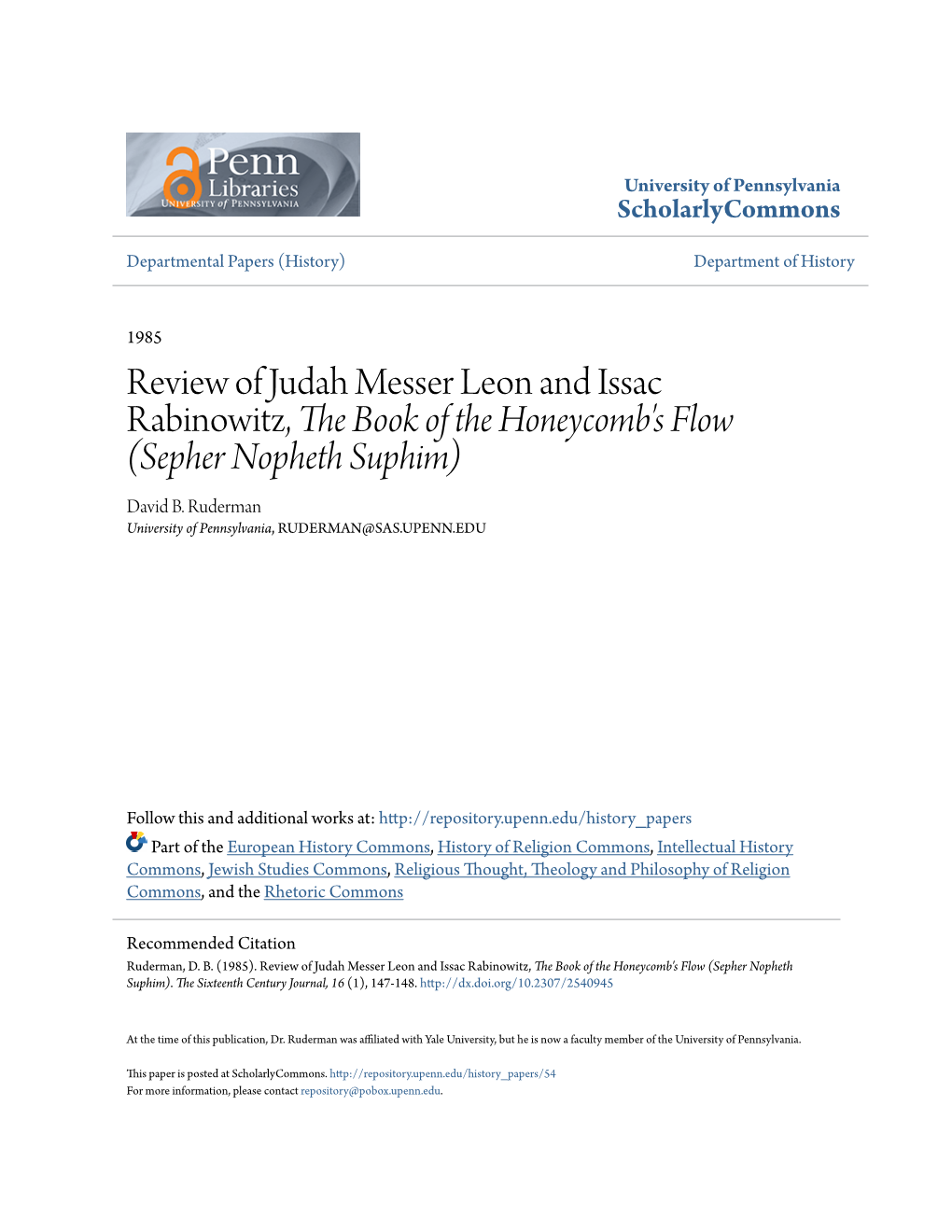 Review of Judah Messer Leon and Issac Rabinowitz, the Book of the Honeycomb's Flow (Sepher Nopheth Suphim) David B