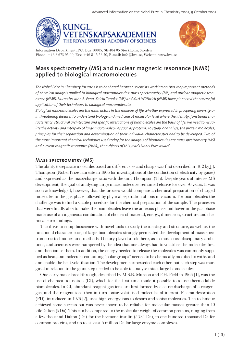 Advanced Information on the Nobel Prize in Chemistry 2002, 9 October 2002