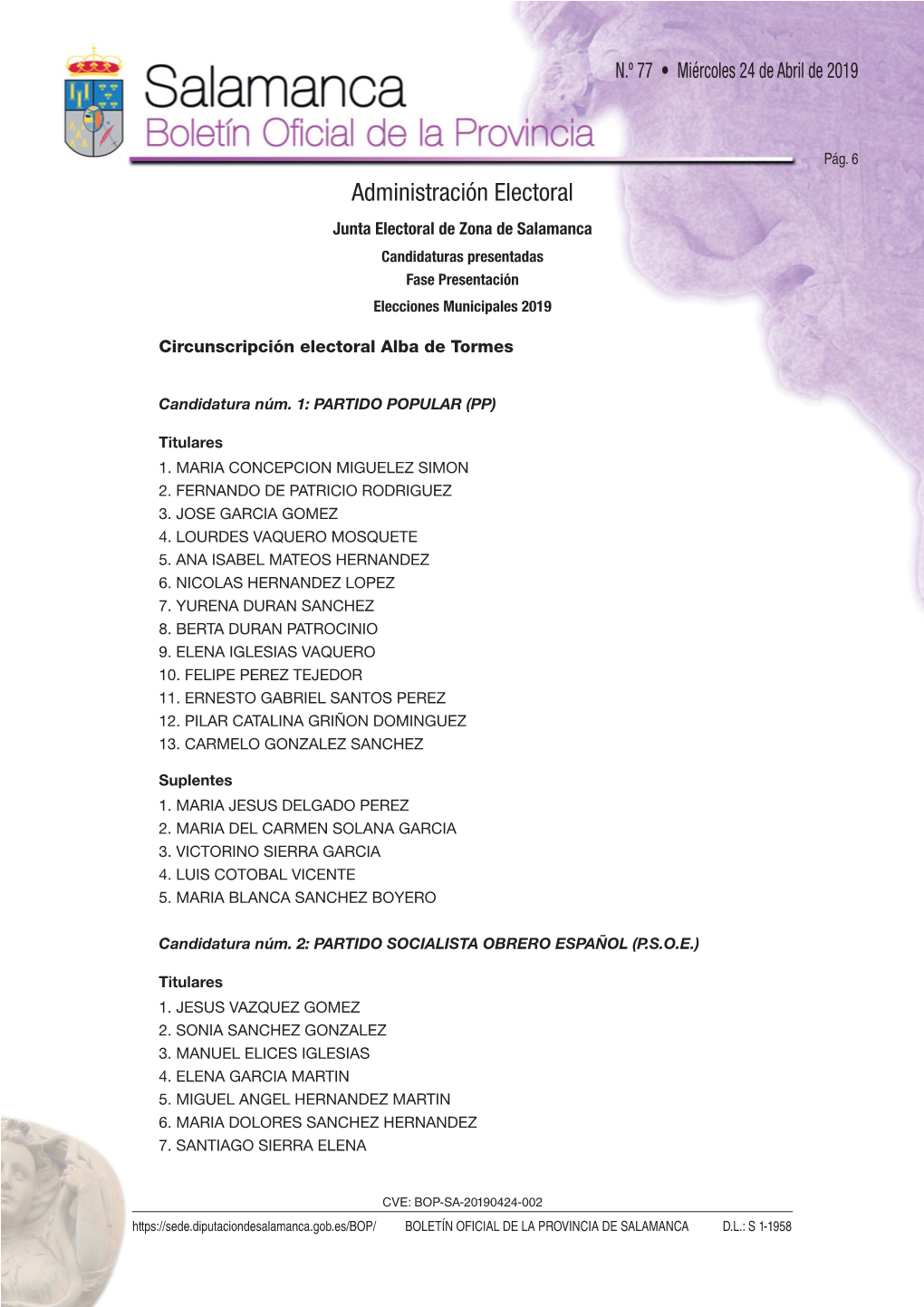 Zona De Salamanca Candidaturas Presentadas Fase Presentación Elecciones Municipales 2019
