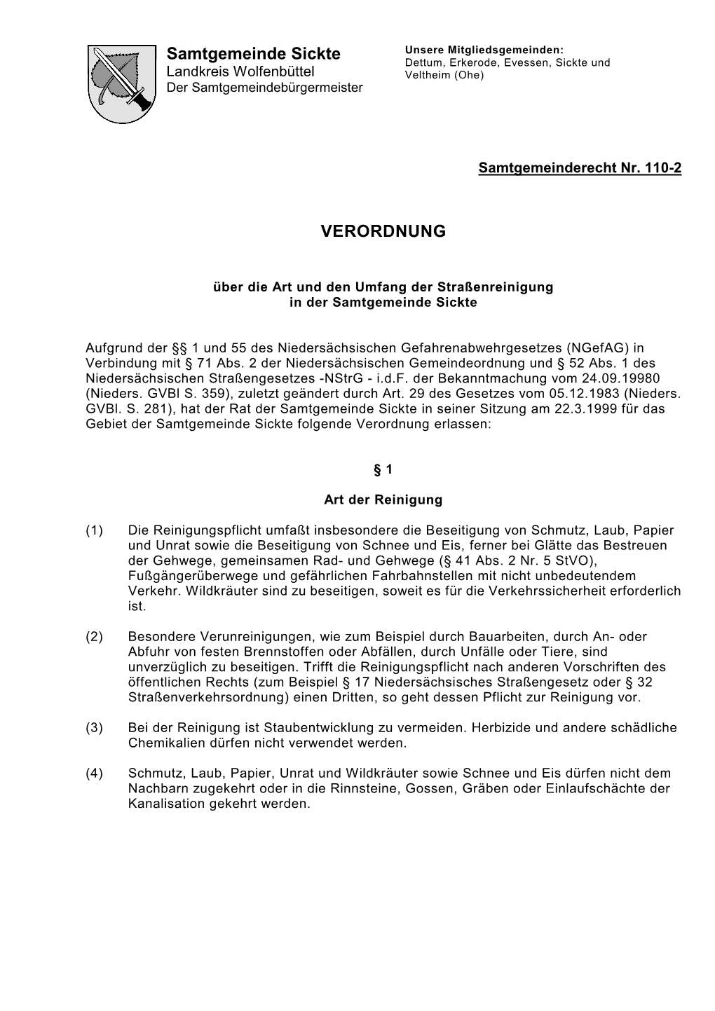 Samtgemeinde Sickte VERORDNUNG