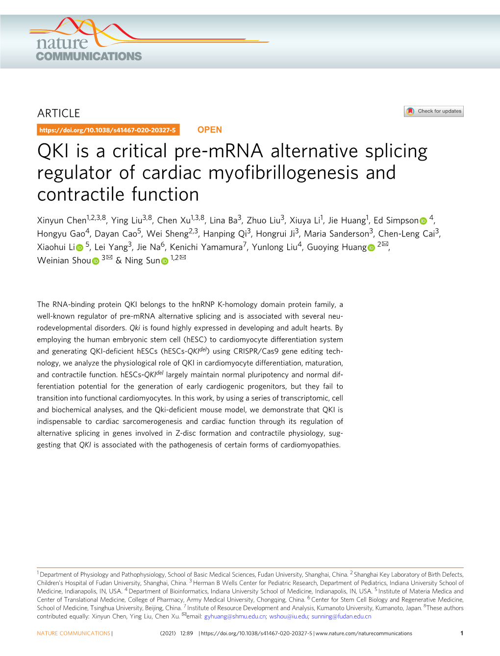 QKI Is a Critical Pre-Mrna Alternative Splicing Regulator of Cardiac Myoﬁbrillogenesis and Contractile Function