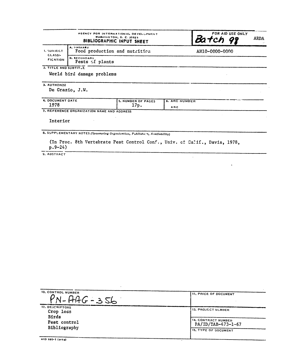 In Proc. 8Th Vertebrate Pest Control Conf., Univ. Ct Ca If., Davis, 1978, P.9-24) 9