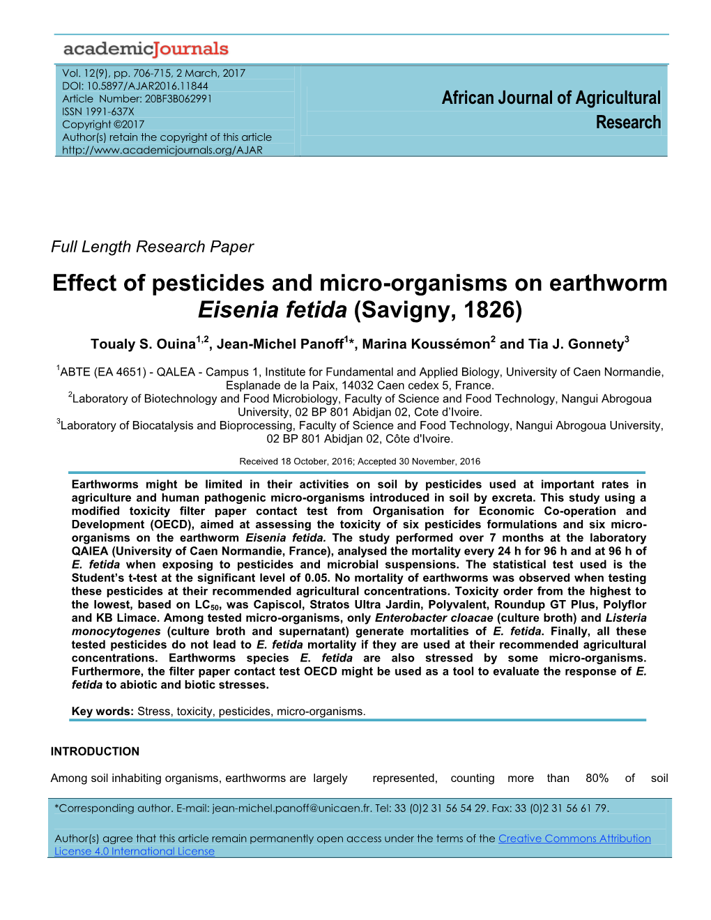 Effect of Pesticides and Micro-Organisms on Earthworm Eisenia Fetida (Savigny, 1826)