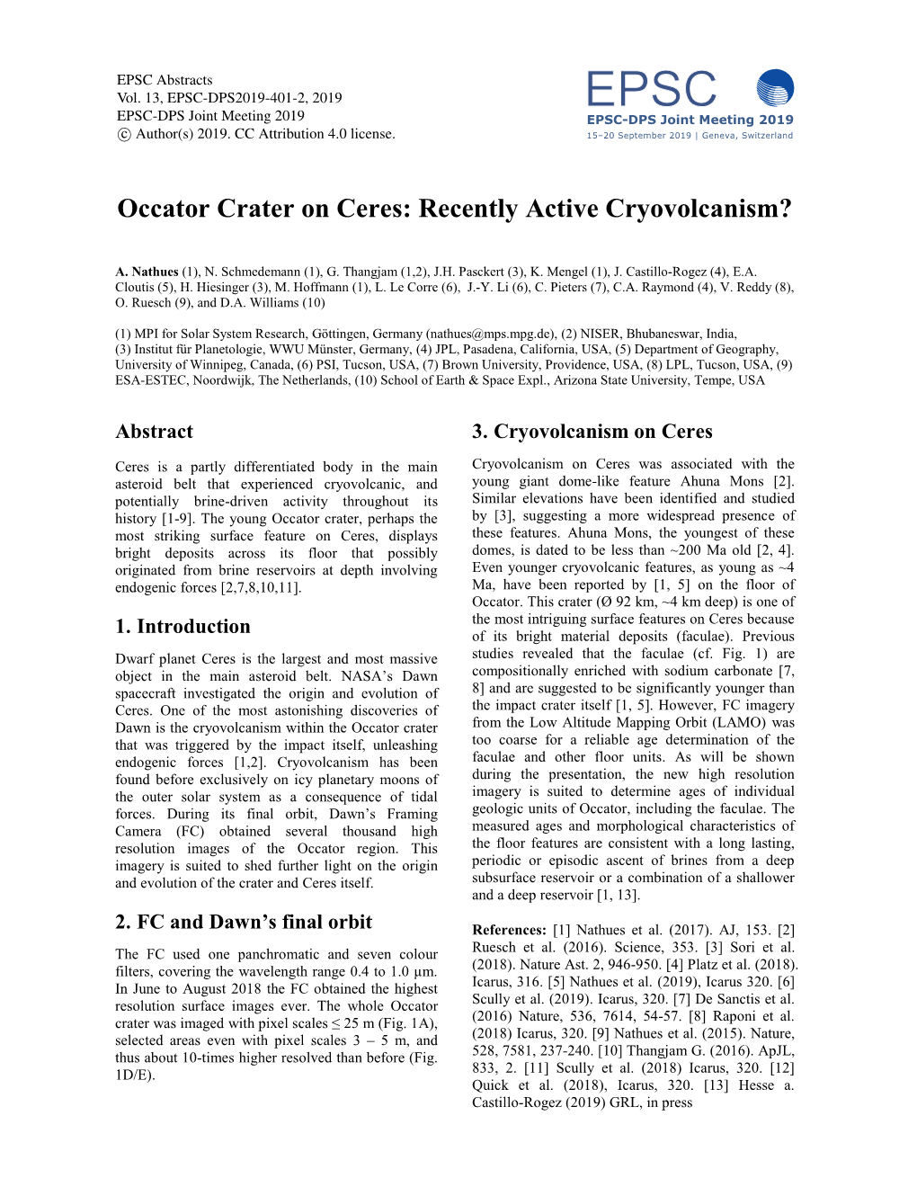 Occator Crater on Ceres: Recently Active Cryovolcanism?