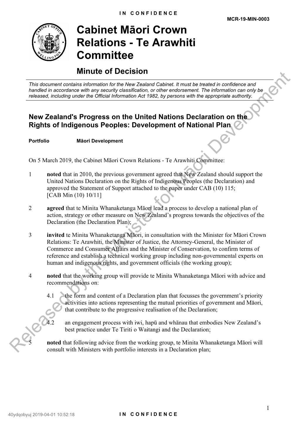 Released by the Minister for M Āori Development