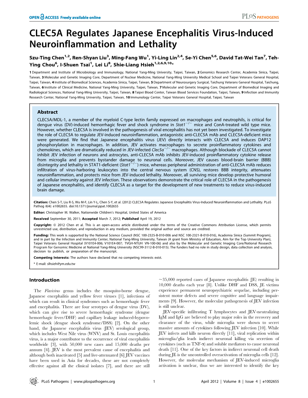 CLEC5A Regulates Japanese Encephalitis Virus-Induced Neuroinflammation and Lethality