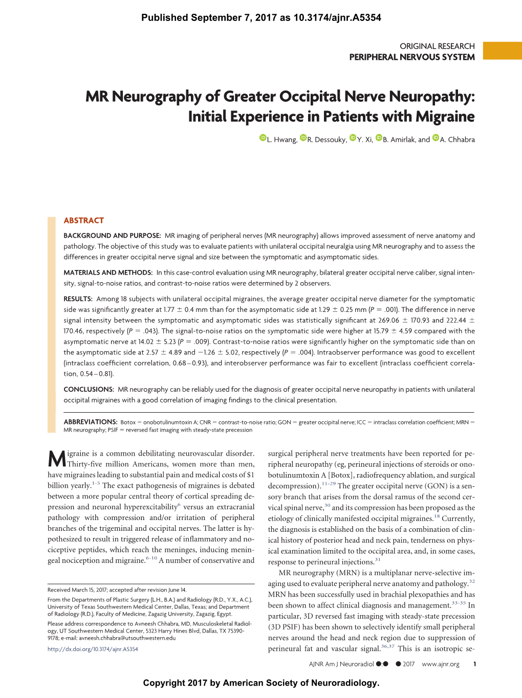 MR Neurography of Greater Occipital Nerve Neuropathy: Initial Experience in Patients with Migraine