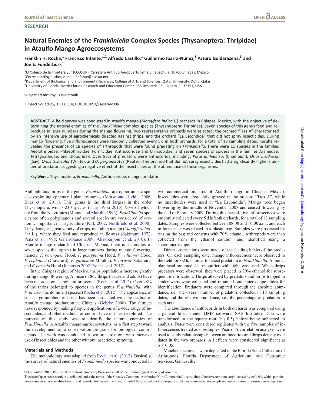 Natural Enemies of the Frankliniella Complex Species (Thysanoptera: Thripidae) in Ataulfo Mango Agroecosystems Franklin H