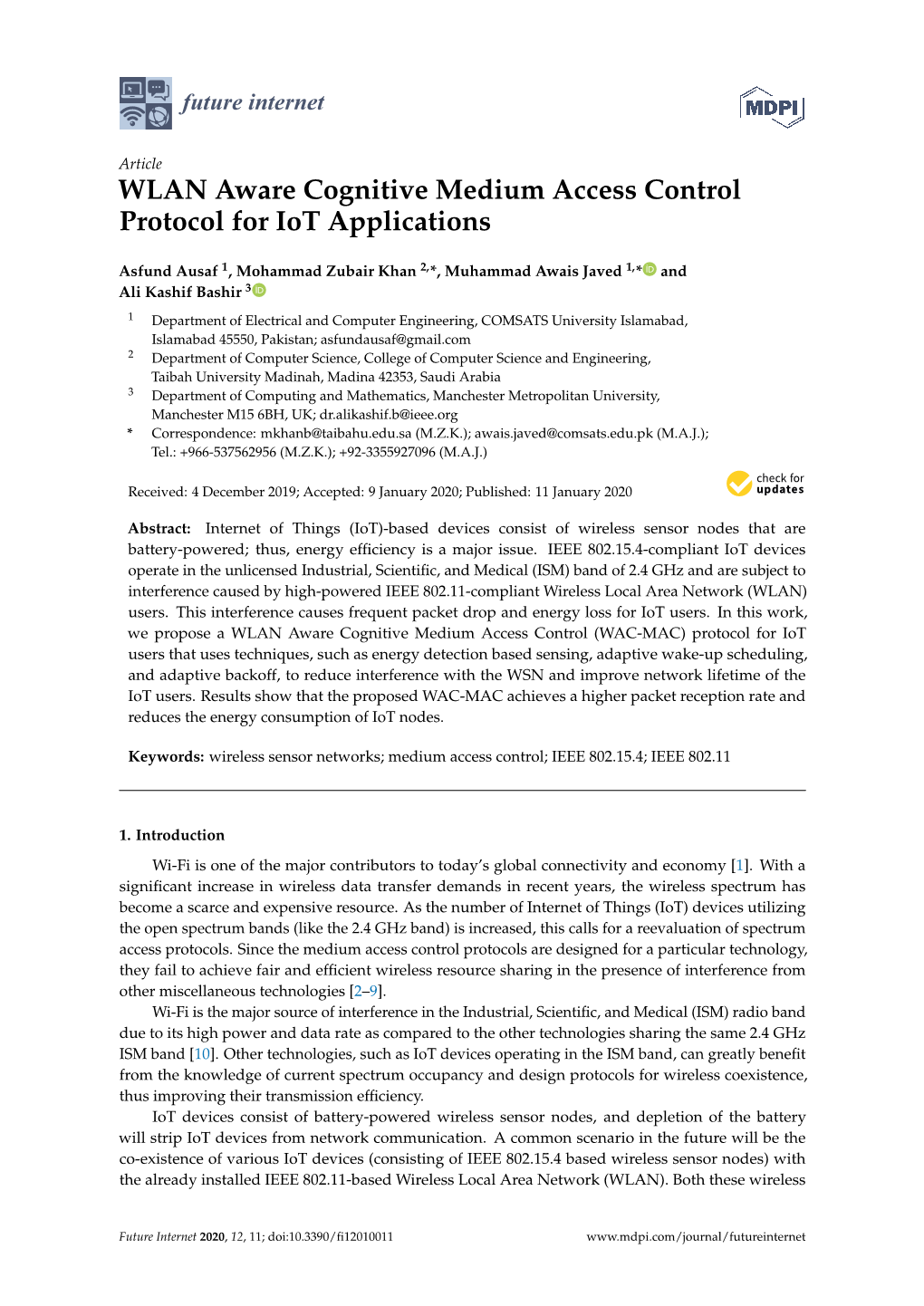 WLAN Aware Cognitive Medium Access Control Protocol for Iot Applications