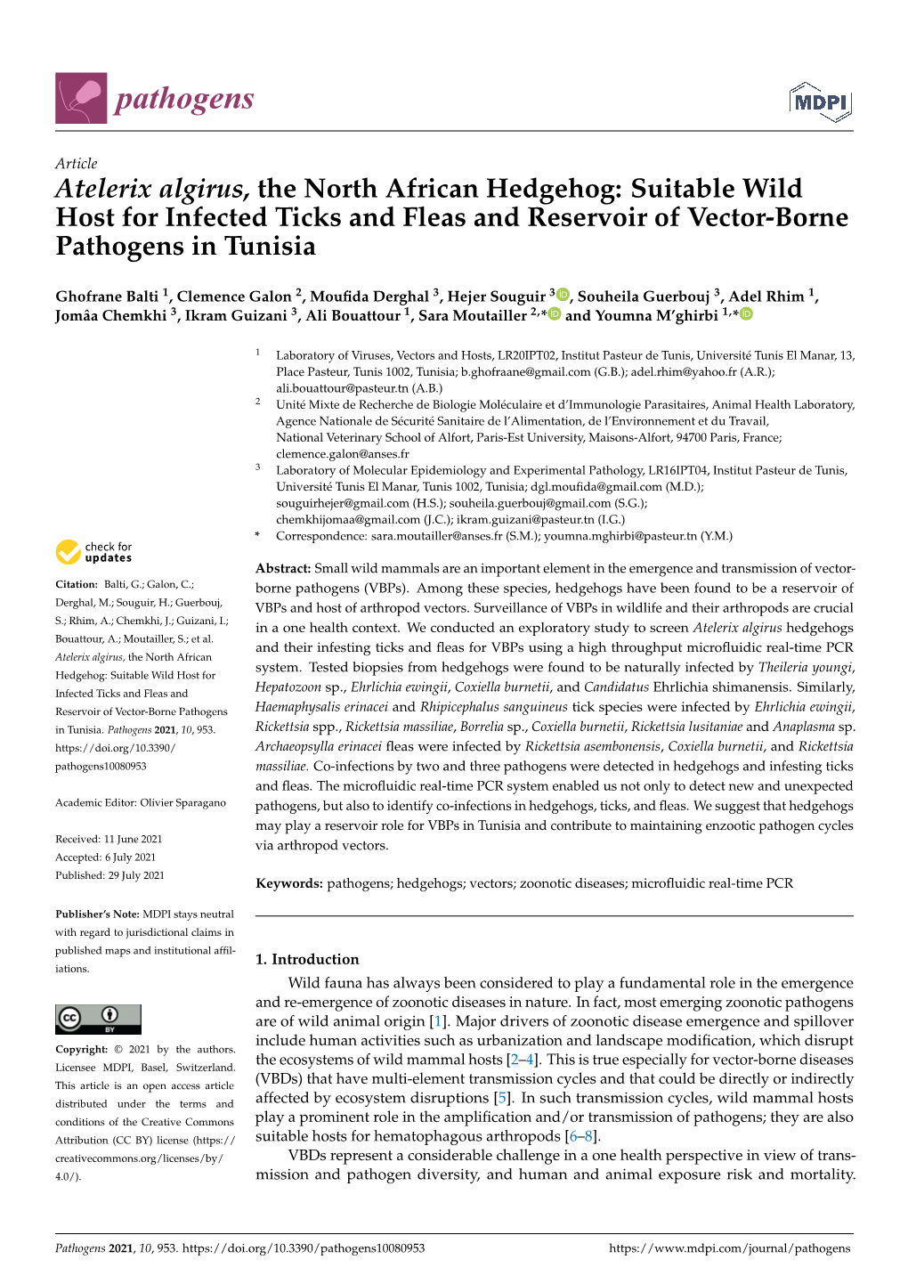 Atelerix Algirus, the North African Hedgehog: Suitable Wild Host for Infected Ticks and Fleas and Reservoir of Vector-Borne Pathogens in Tunisia