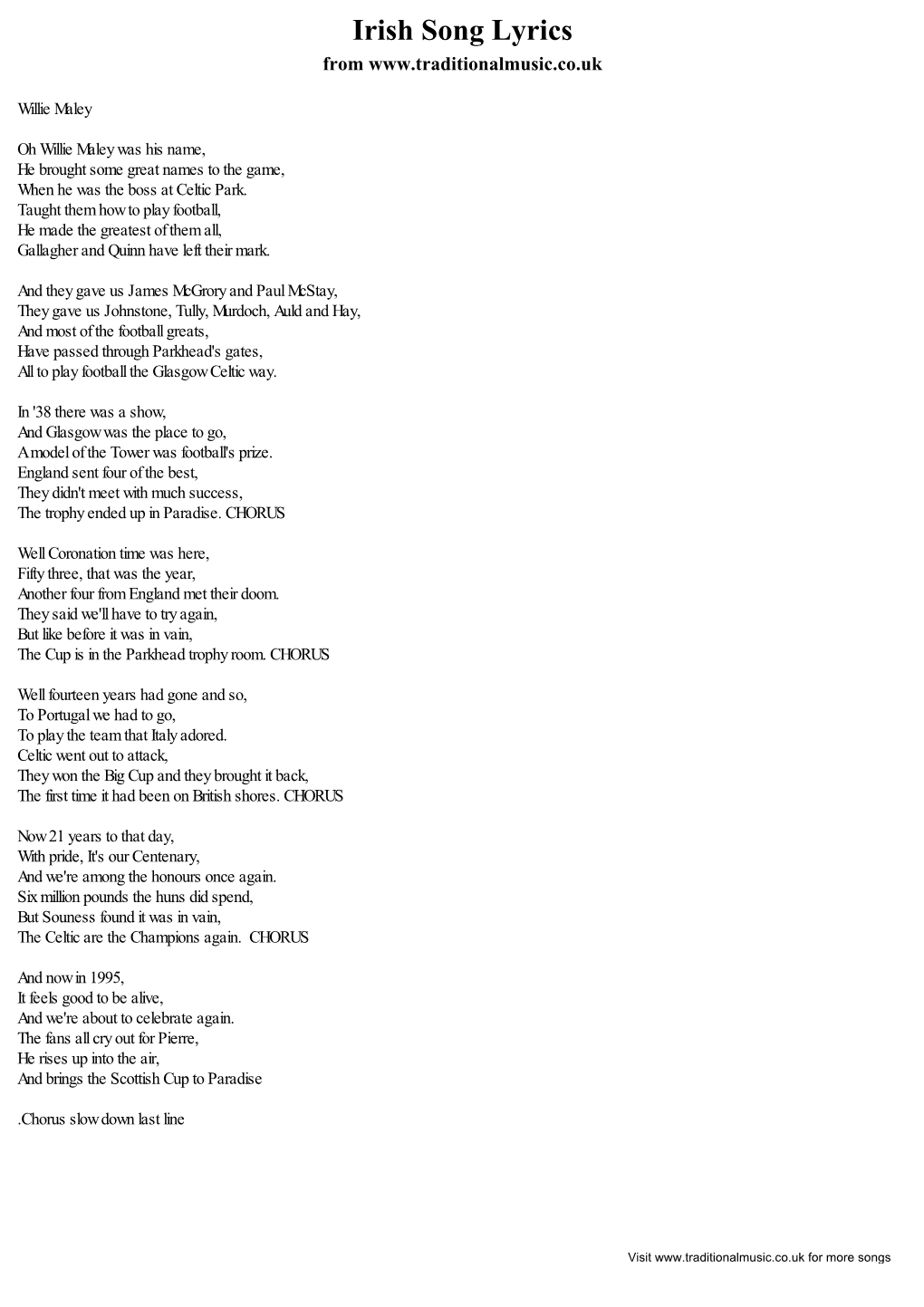 Irish Song Lyrics From