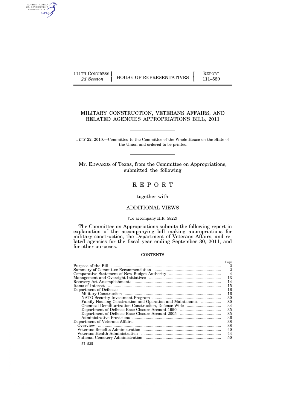 Military Construction, Veterans Affairs, and Related Agencies Appropriations Bill, 2011