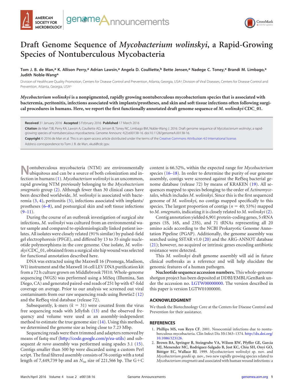 Draft Genome Sequence of Mycobacterium Wolinskyi, a Rapid-Growing Species of Nontuberculous Mycobacteria