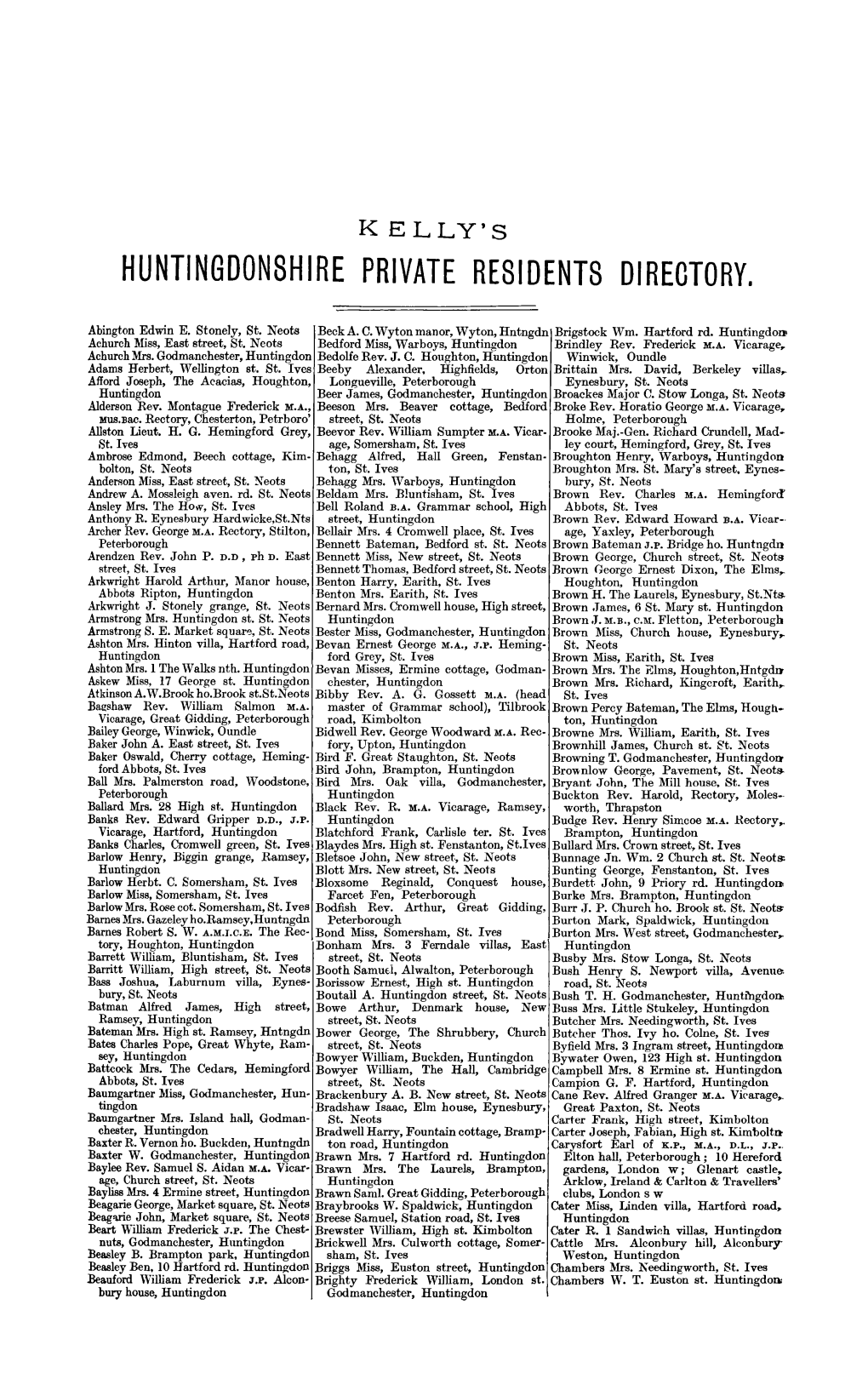 Kelly's Huntingdonshire Private Residents Directory