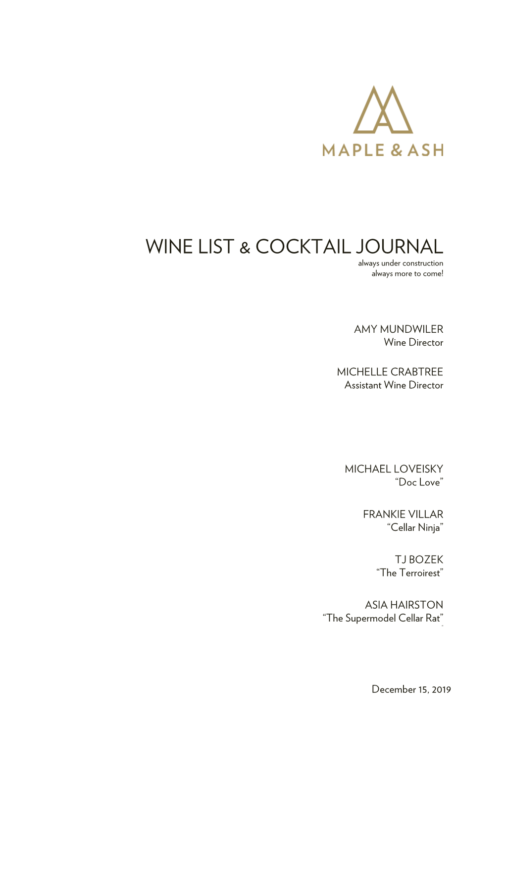 Wine List & Cocktail Journal