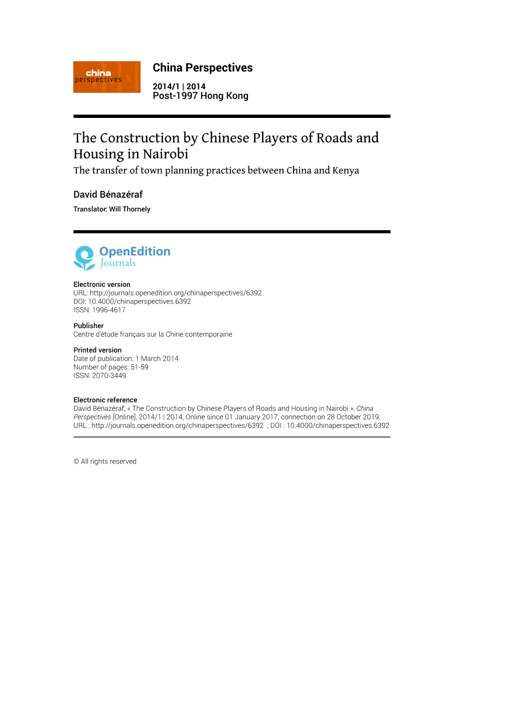 The Construction by Chinese Players of Roads and Housing in Nairobi the Transfer of Town Planning Practices Between China and Kenya