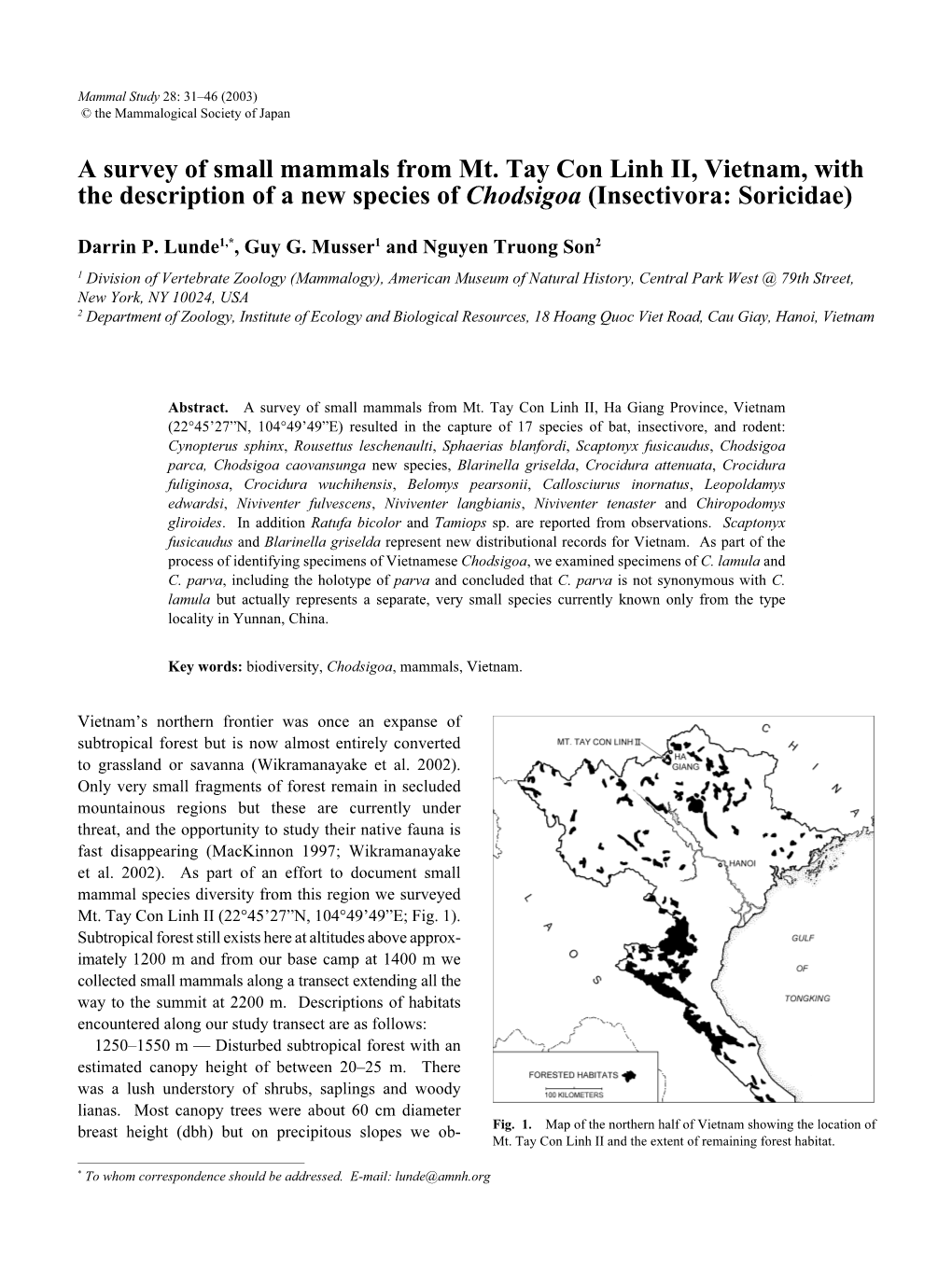 A Survey of Small Mammals from Mt. Tay Con Linh II, Vietnam, with the Description of a New Species of Chodsigoa (Insectivora: Soricidae)