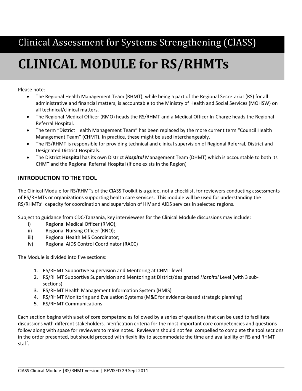 Class Clinical Module RS/RHMT Version REVISED 29 Sept 2011