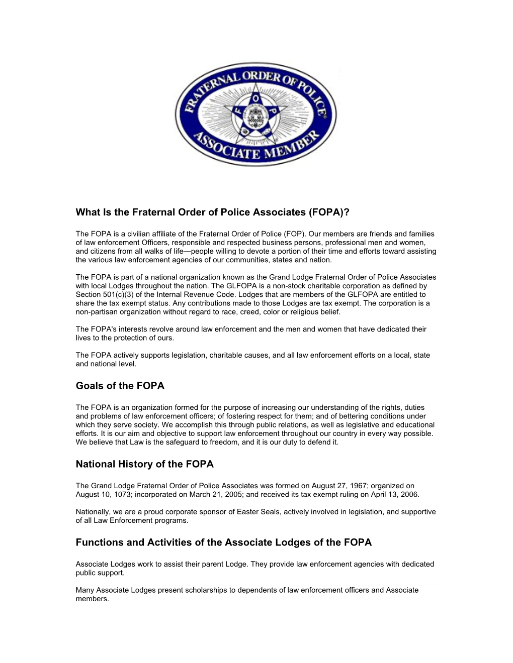 What Is the Fraternal Order of Police Associates (FOPA)? Goals of The