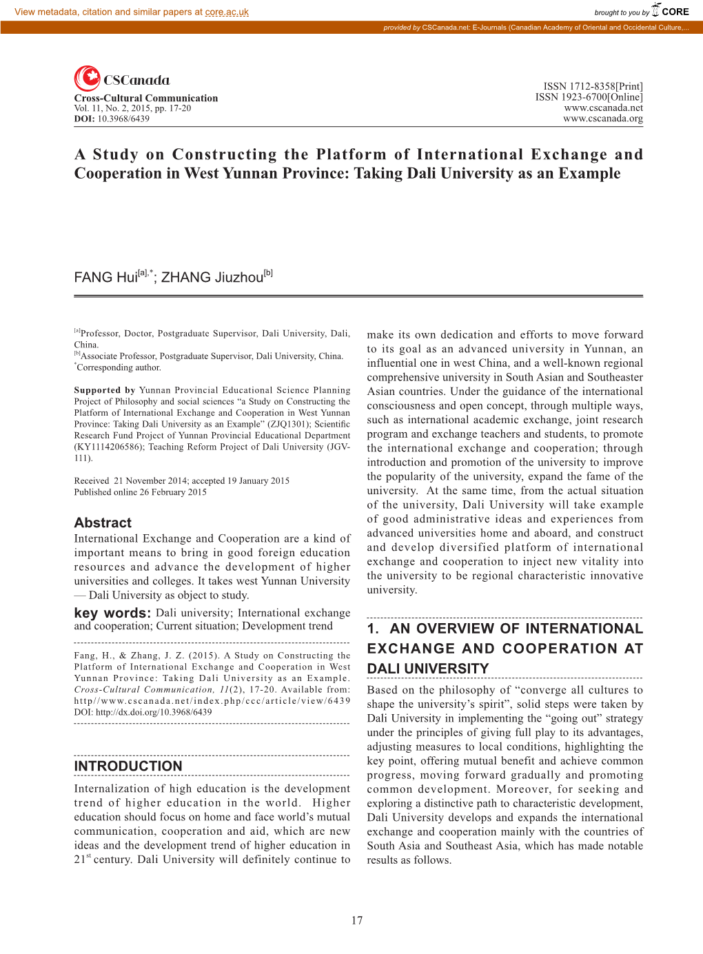 A Study on Constructing the Platform of International Exchange and Cooperation in West Yunnan Province: Taking Dali University As an Example