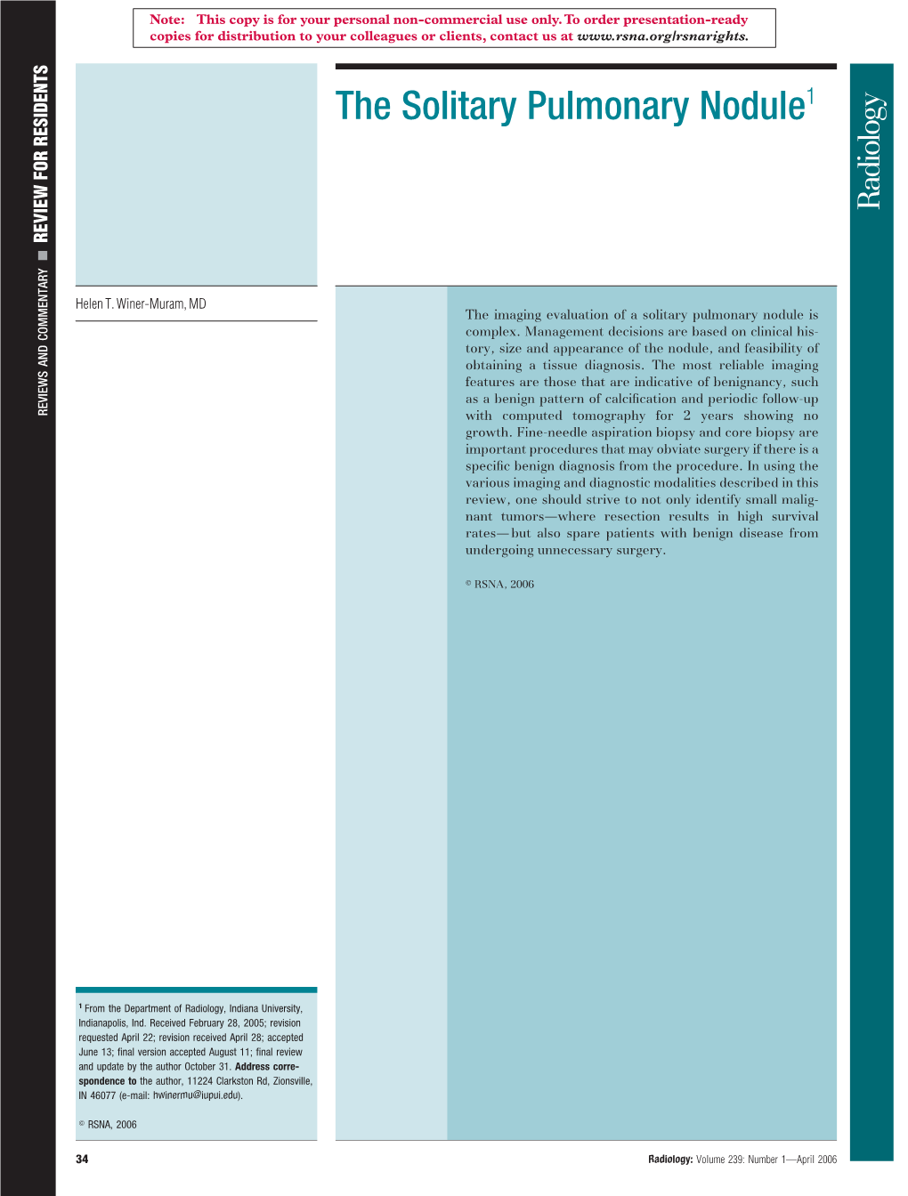 The Solitary Pulmonary Nodule1 REVIEW for RESIDENTS Ⅲ